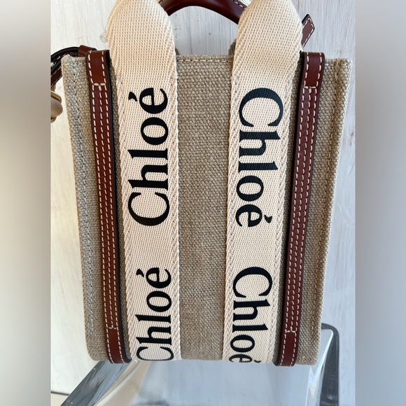 Chloé Mini Woody Linen Canvas North/South Tote- White-Brown - Picture 6 of 15